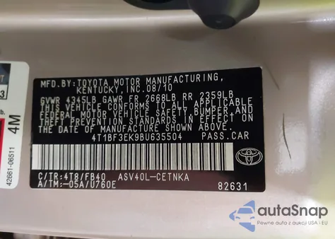 2011 Toyota Camry Le from USA, damaged, VIN 4T1BF3EK9BU635504